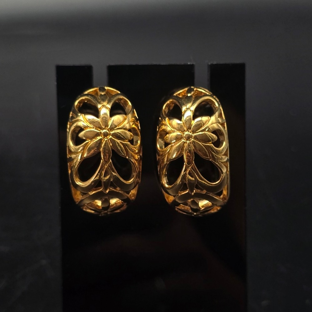 Avon Floral Filigree Half Hoop Earrings Gold Tone Vintage Jewelry